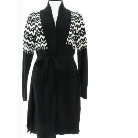 Isaac Mizrahi Sweaters - Isaac Mizrahi Live! Shawl Collar Fair Isle Cardigan with Belt Black Small